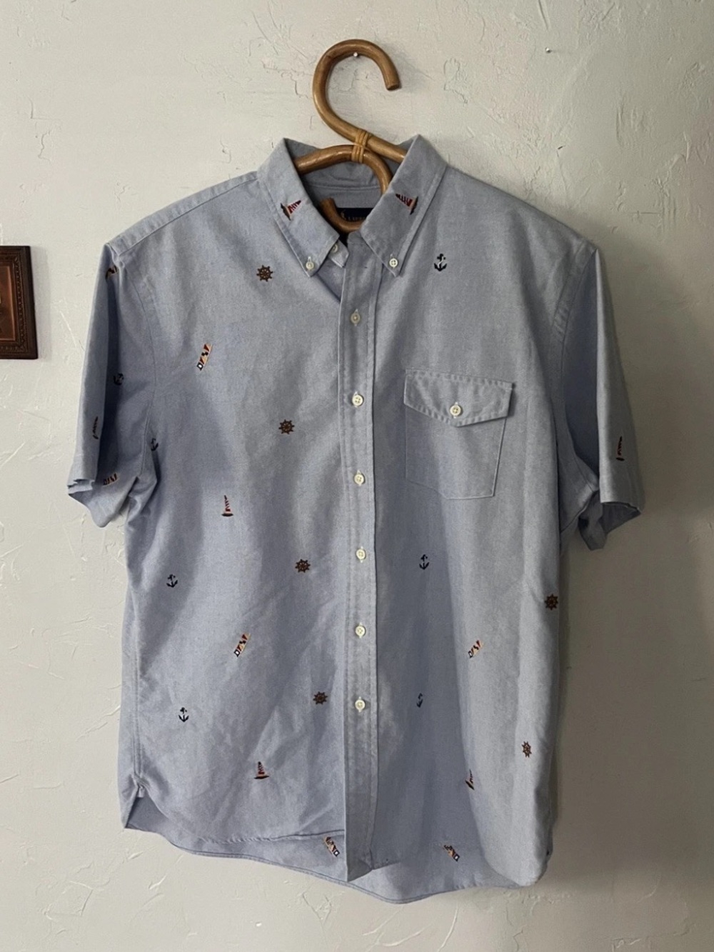 Ralph Lauren Shirt Men Large Oxford Nautical All Over Anchor Boat Short Sleeve L